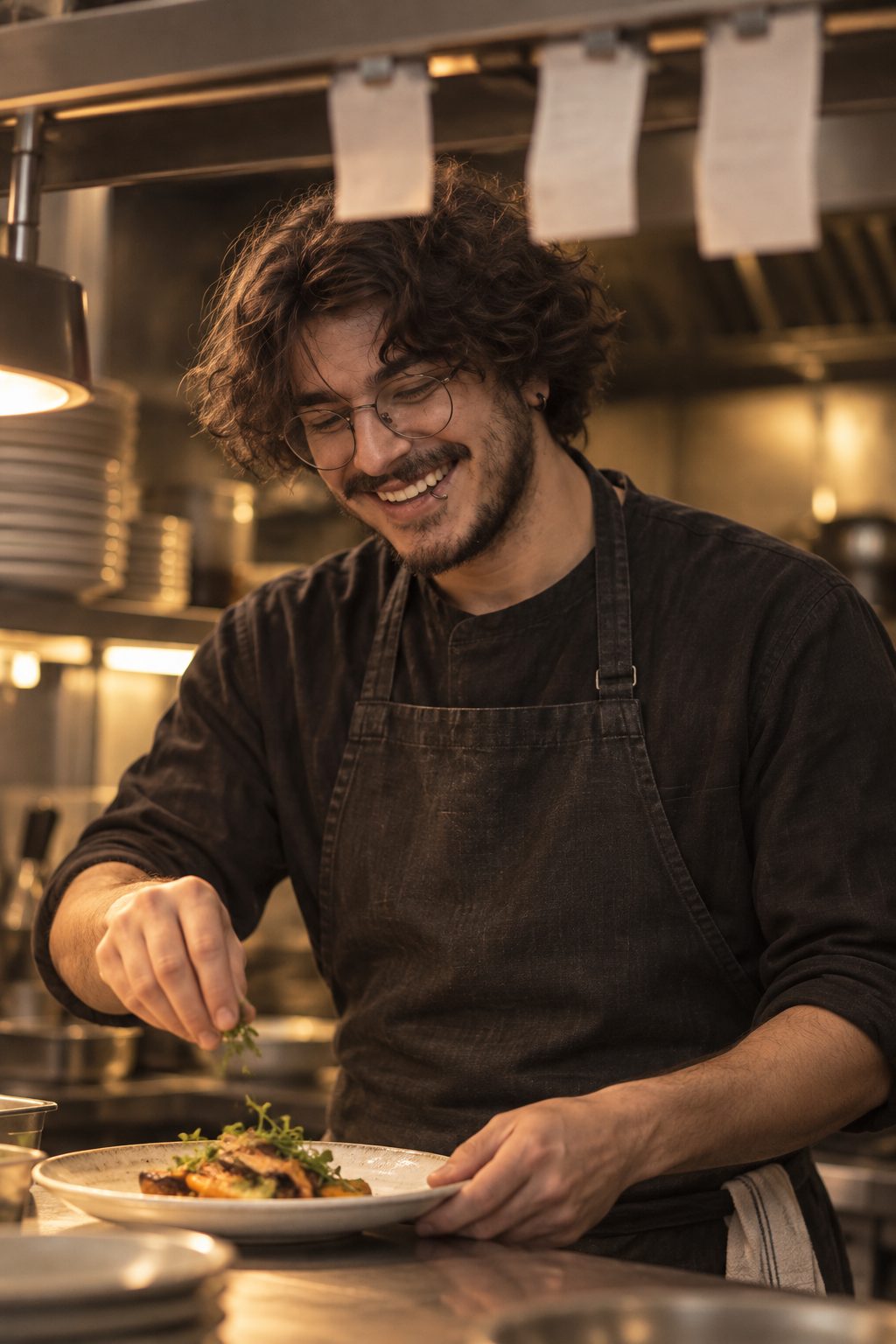 Reza plating a dish at a restaurant kitchen pass, order tickets on the rail above